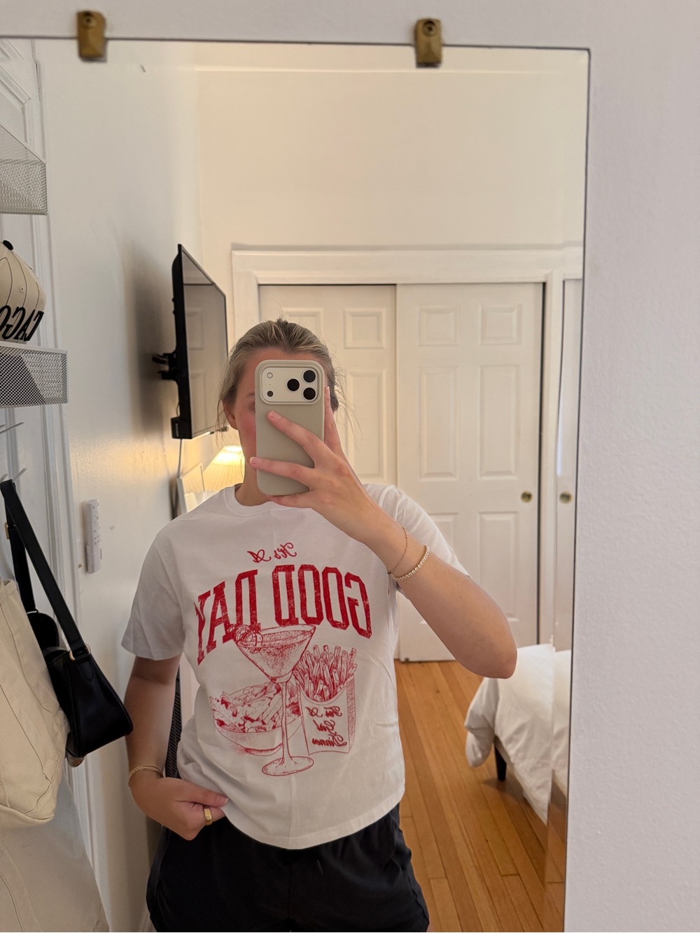 “It’s a Good Day for a Girl Dinner” Graphic Tee - White with Red Print